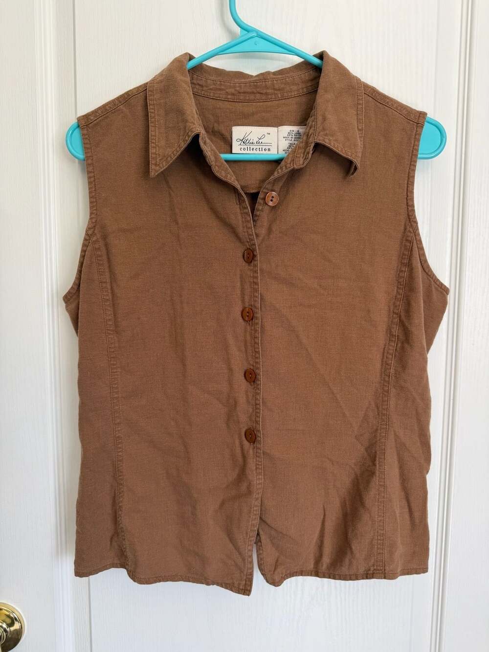 Kathie Lee Collection Women's Brown Linen Blend Sleeveless Button Down Vest Size